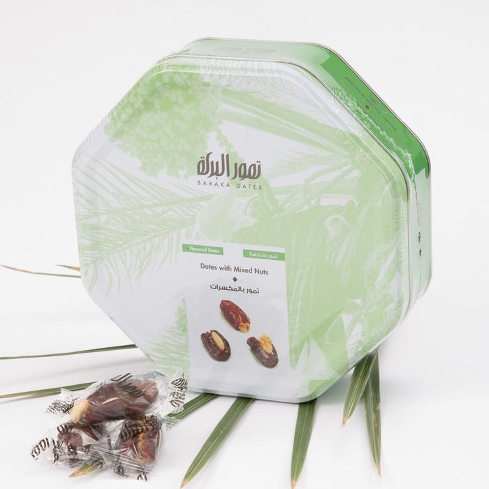 Baraka Dates -Khudri Malaki Mix Nuts TinBox 500g  | تمور البركة - علبة تمر خضري بالمكسرات 500 جرام