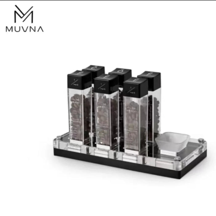 MUVNA 1/3 Angel Coffee Bean Cellars with Acrylic Stand – 6 Tubes | طقم حفظ حبوب القهوة MUVNA 1/3 Angel مع قاعدة أكريليك – 6 أنابيب