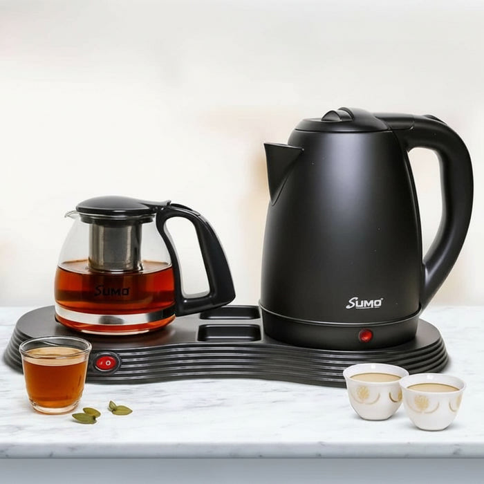Sumo - Stainless Steel Kettle with 1L Glass Tea Pot & Serving Tray – 2L 1500W