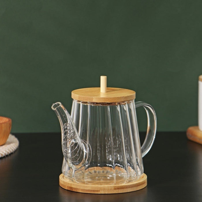 Glass Tea Pot with wooden Lid & Base 450 ml | غوري شاي زجاجي بغطا وقاعدة من الخشب 450 مل