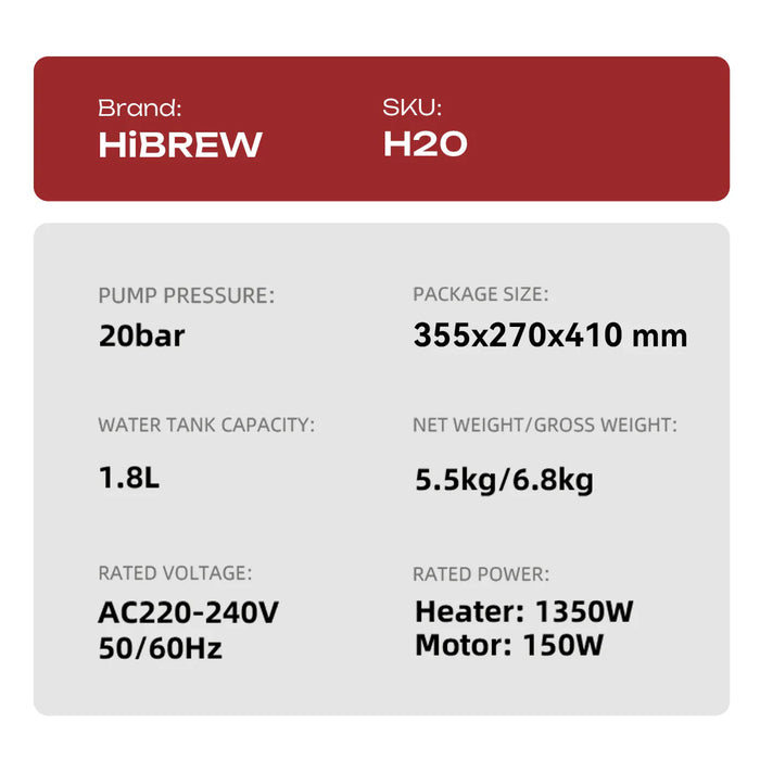HiBREW H20 Espresso Machine with Built-in Grinder 1.8L 20 bar 1350W