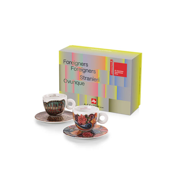 illy Art Collection | Biennale Arte 2024 "Foreigners Everywhere" Limited Edition Cappuccino Cup Set by Mahku & Paula Nicho – Signed and Numbered Porcelain Cups with Saucers