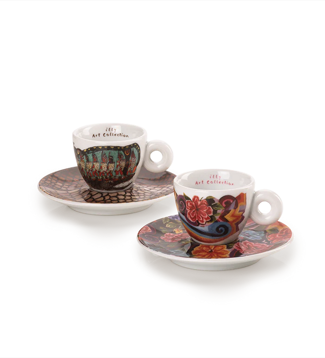 illy Art Collection | Biennale Arte 2024 "Foreigners Everywhere" Limited Edition Cappuccino Cup Set by Mahku & Paula Nicho – Signed and Numbered Porcelain Cups with Saucers