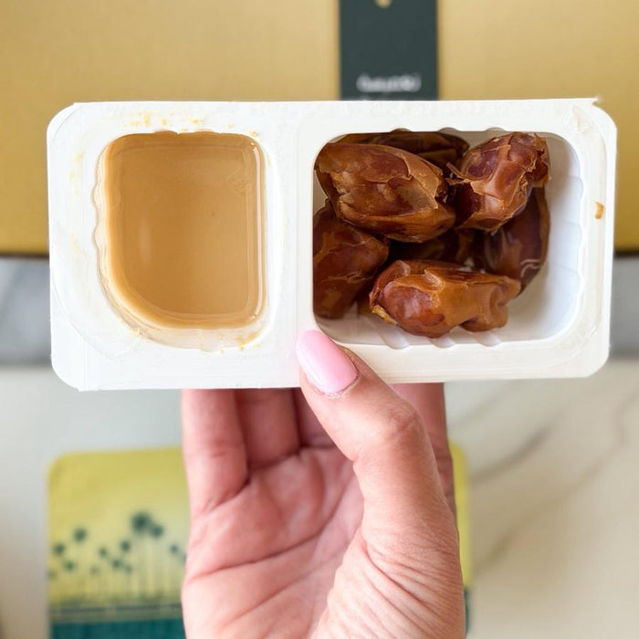 Al-Tayyar -Ekhlas Dates Dipping Box with Almonds & Hasawi Tahini | الطيار -علبة تغميسة إخلاص محشي باللوز مع هردة حساوية