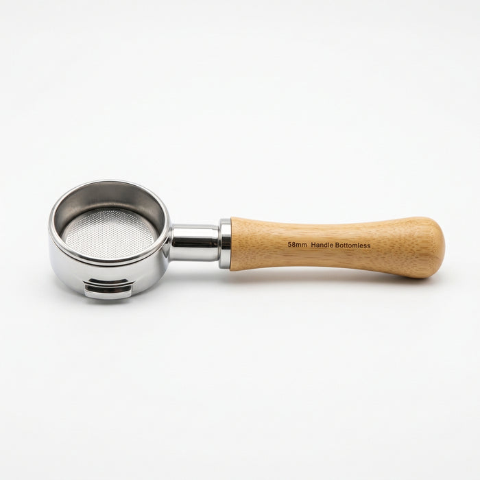 MUVNA V-Series Bottomless Portafilter – Wood Handle, 58mm, 2-Ear
