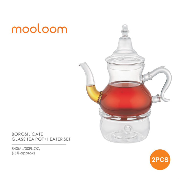 Mooloom - Borosilicate glass tea pot + Heater set | مولوم - إبريق شاي من زجاج البورسليكات + سخان