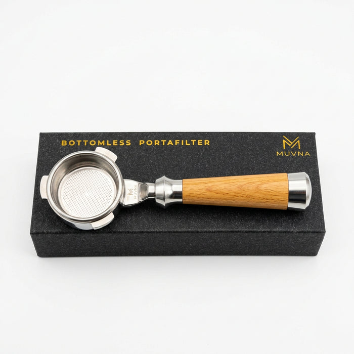 MUVNA Lucifer Series 51mm Bottomless Espresso Portafilter with Basket – Wood Handle