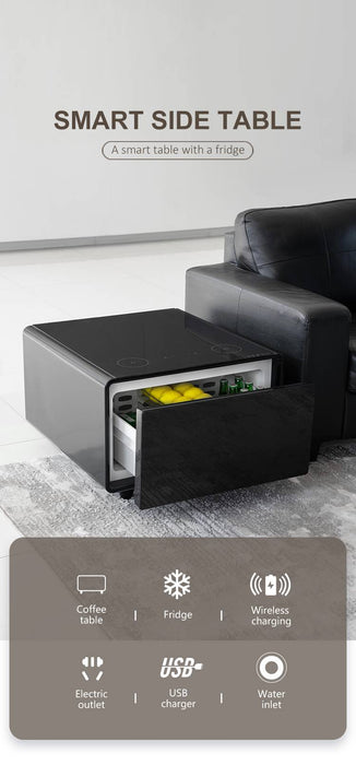 طاولة قهوة ذكية بثلاجة مدمجة 65 لتر أسود| Elegant Smart Coffee Table with 65L Refrigerator & Wireless Phone Charger & 3 USB Ports Black