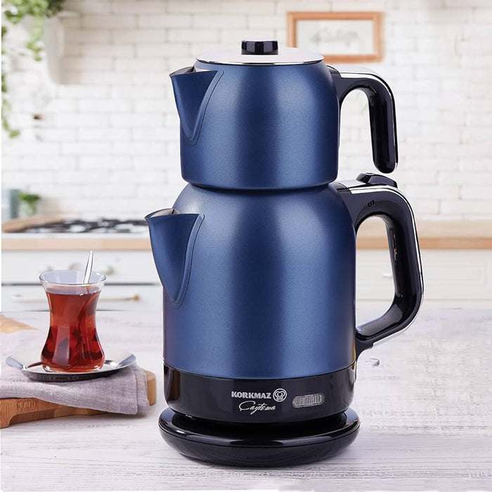 Korkmaz - Electrical Tea Kettle Teapot 0.9 Ltr Heater 1.7 Ltr 18/10 Stainless Steel 1600 Watts - Blue