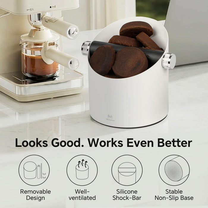 MUVNA Espresso Knock Box 1.82L – White Stainless Steel Coffee Grounds Bin with Removable Silicone Knock Bar