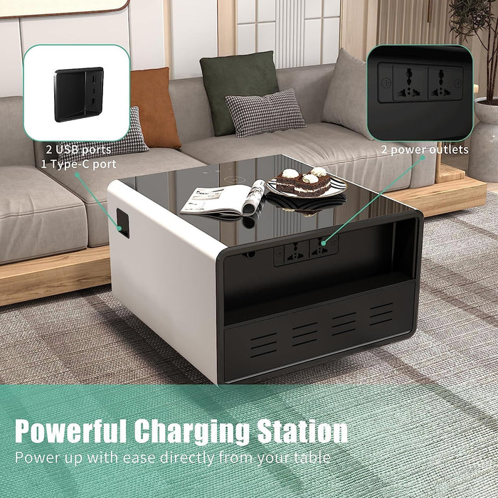 Elegant Smart Coffee Table with 65L Refrigerator & Wireless Phone Charger & 3 USB Ports White