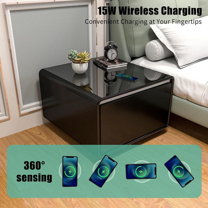 طاولة قهوة ذكية بثلاجة مدمجة 65 لتر أسود| Elegant Smart Coffee Table with 65L Refrigerator & Wireless Phone Charger & 3 USB Ports Black