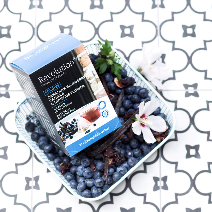 Revolution - FORGIVE  Canadian Blueberry, Vanilla & Hibiscus Flower   Fruit Infusion  20 bags | شاي فواكهة – توت ازرق مع الفانيلا و زهرة الكركديه – العفو