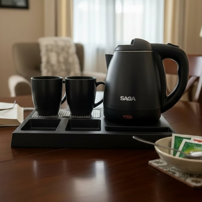 Saga - Electric Kettle Tray Set 1.2L  – 1350W Stainless Steel Kettle with Ceramic Cups & ABS Serving Tray (Black) | Model SM-930