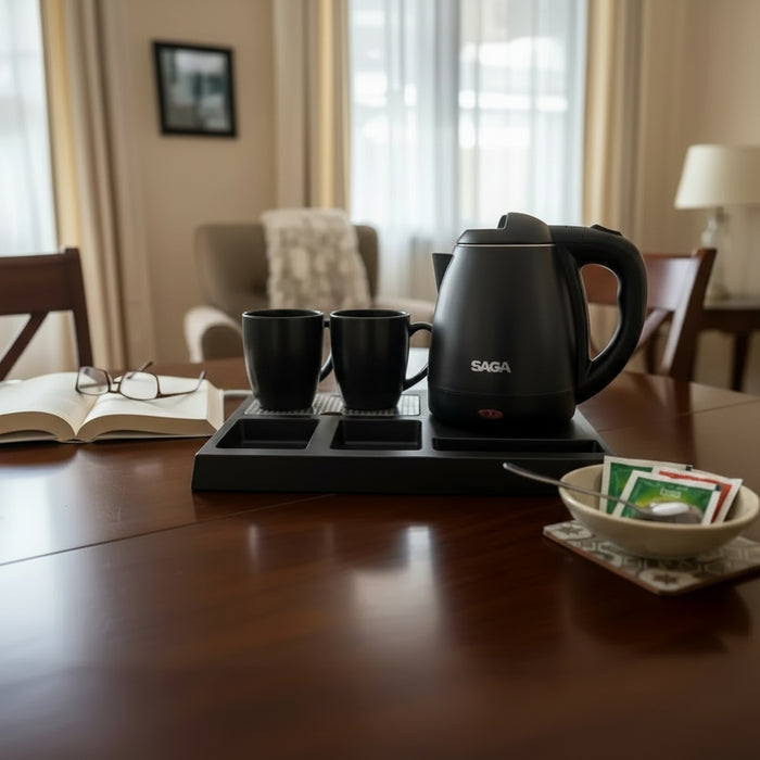 Saga - Electric Kettle Tray Set 1.2L  – 1350W Stainless Steel Kettle with Ceramic Cups & ABS Serving Tray (Black) | Model SM-930