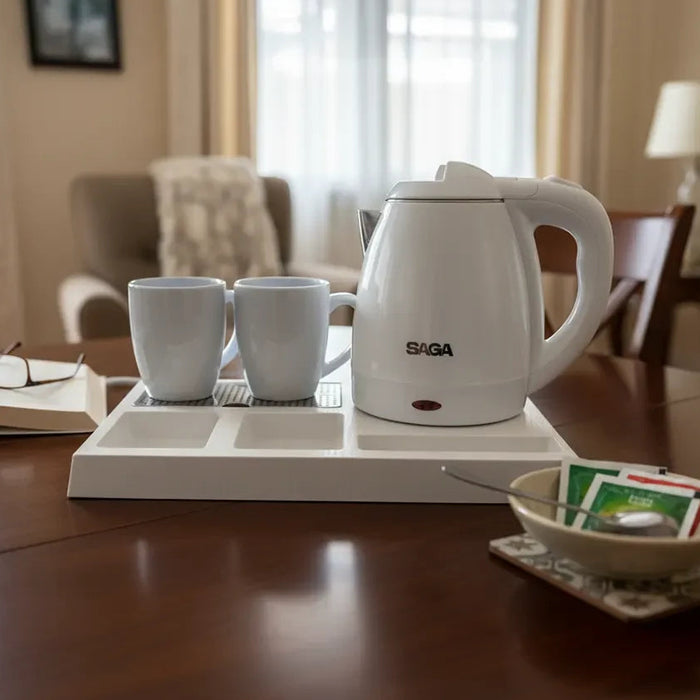 Saga - Electric Kettle Tray Set 1.2L  – 1350W Stainless Steel Kettle with Ceramic Cups & ABS Serving Tray (White) | Model SM-930