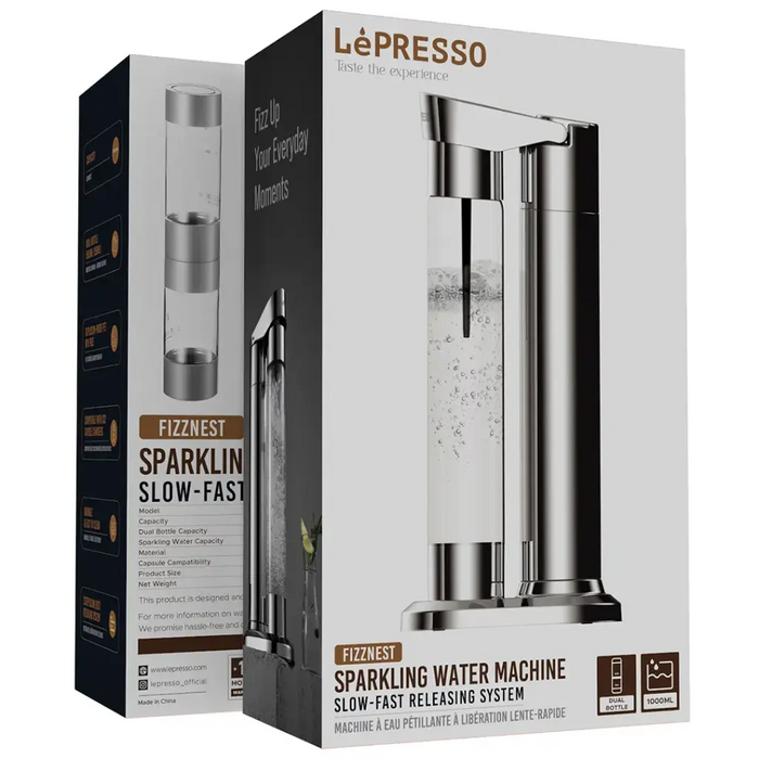 Lepresso - Fizznest Sparkling Machine – with Dual BPA-Free Bottles, 1000mL , CO₂ Compatible Silver