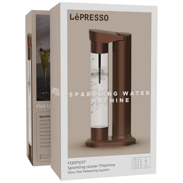 Lepresso - Fizznest Sparkling Machine – with Dual BPA-Free Bottles, 1000mL , CO₂ Compatible Brown