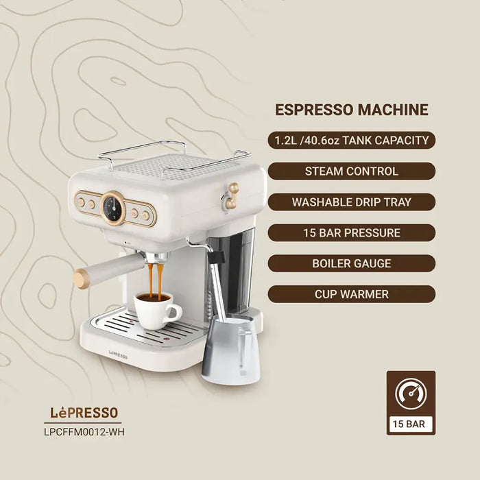 LePresso Retro Espresso Boiler Machine with Milk Steamer – White