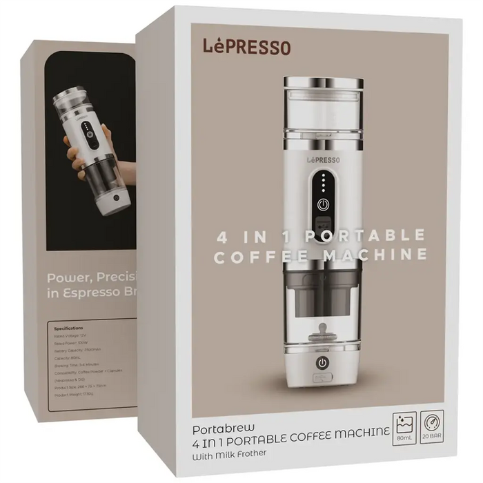 Lepresso 4-in-1 Portable Coffee Machine with Milk Frother | 20 Bar Pressure | 80mL | Capsule & Ground Coffee Compatible | White