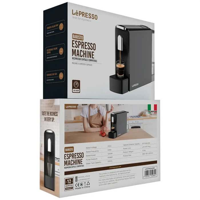Lepresso Baristo Espresso Machine – 19-Bar Pressure, Nespresso Capsule Compatible, Compact Design (Black)