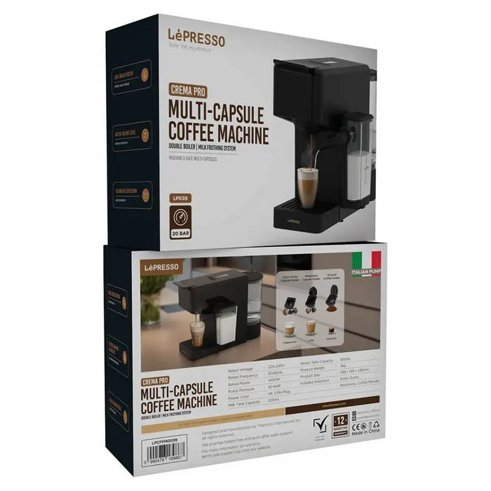 Lepresso - Crema Pro 3 -1 -Capsule Coffee Machine – 20-Bar Pressure, Dual Boiler, Milk Frother, Black