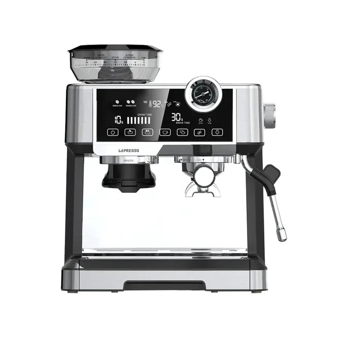 Lepresso - Dual Boiler Espresso Machine – 19 Bar Pressure, Adjustable Conical Grinder, 2.8L Tank, Stainless Steel – Silver