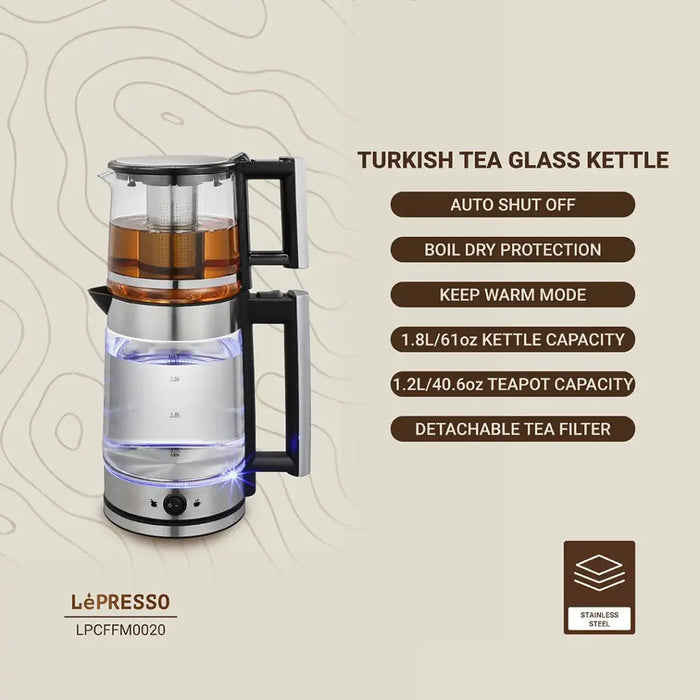 Lepresso - Turkish Tea Glass Kettle 1.8L ,Teapot 1.2L - Black