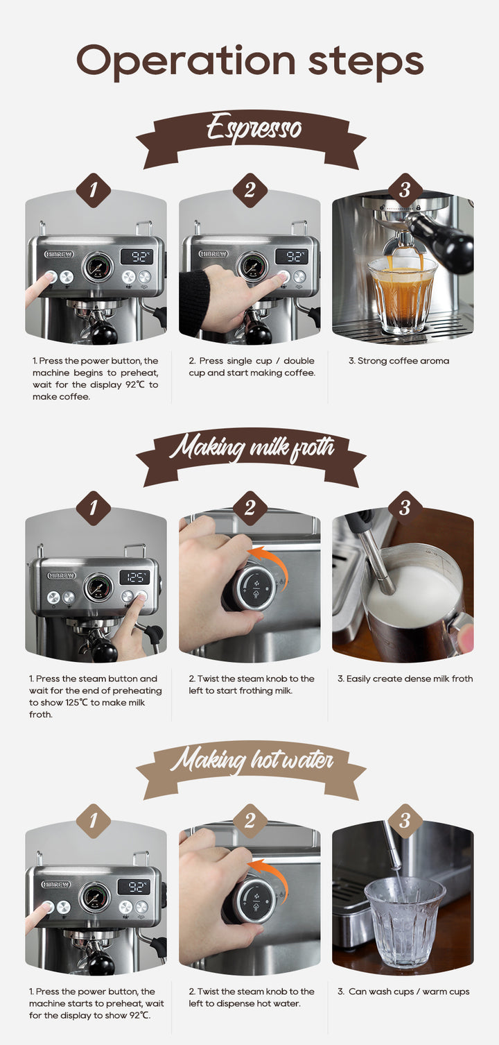 HiBrew H10A – Semi Automatic Espresso Coffee Machine (Silver ) | (ماكينة قهوة إسبريسو نصف أوتوماتيكية (فضةH10A