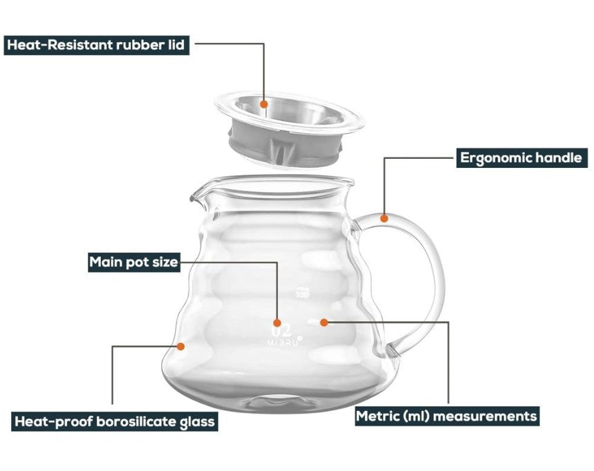 MIBRU V60 Glass Coffee Serving Pot, Transparent - 600ml | إبريق تقديم القهوة الزجاجي MIBRU V60 شفاف – 600 مل