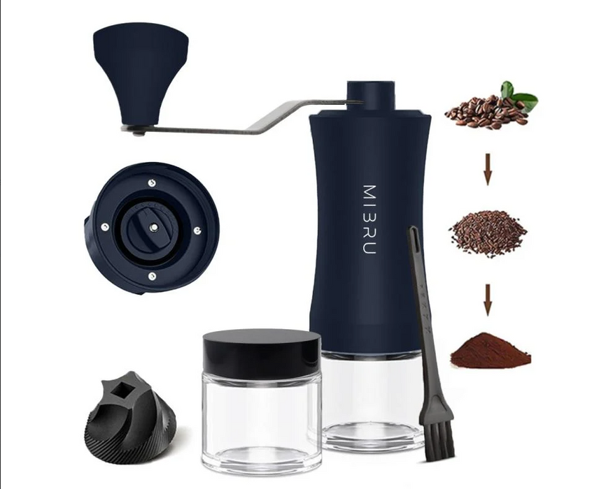 MIBRU - Manual Coffee Grinder with Glass Coffee Jar – Denim | مايبروا - مطحنة قهوة يدوية مع عبوة زجاجية لحفظ البن – لون دينم