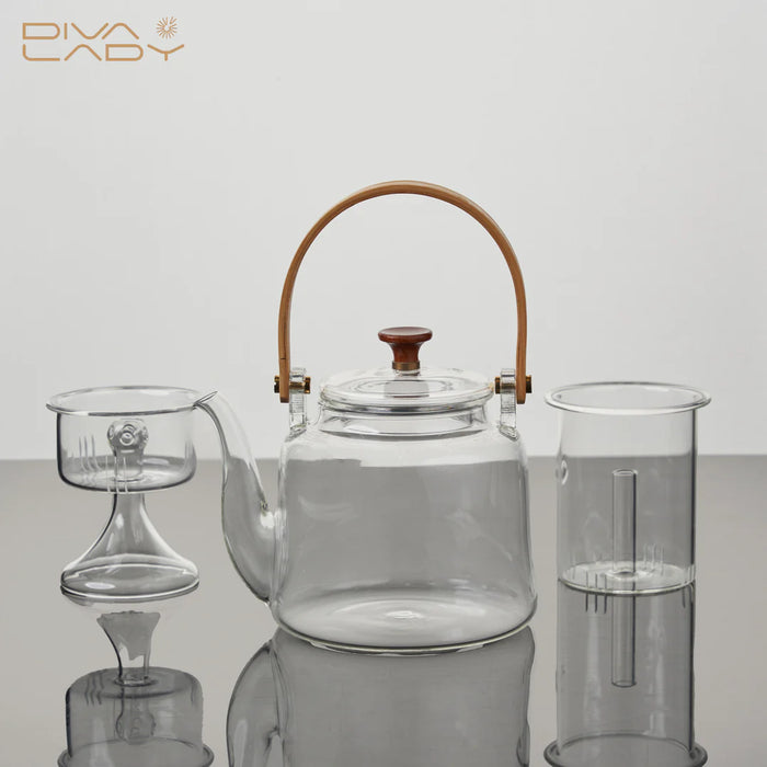 Glass Tea pot with wood handle 600 ml | إبريق شاي زجاجي بمقبض خشبي 600 مل