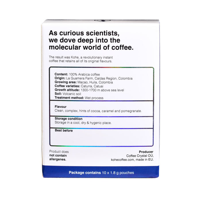 قهوة كوه كولومبيا الفورية – مصنوعة من 100٪ أرابيكا (كاتورا و كاتواي) من كالداس، كولومبيا 10 أكياس × 1.8 جرام