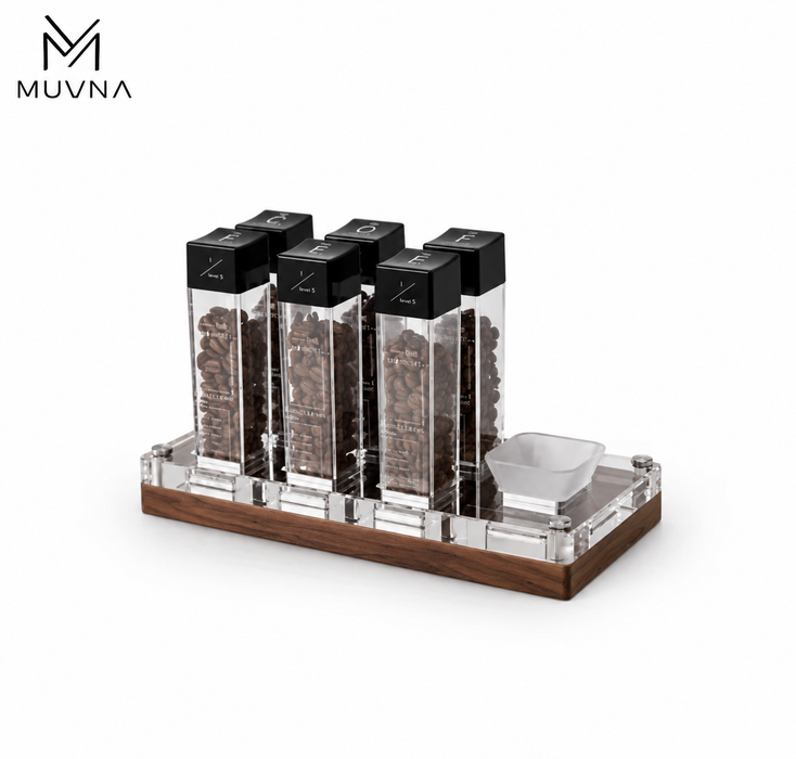 MUVNA 1/3 Angel Coffee Bean Cellars with Walnut Wood Stand – 6 Tubes | طقم حفظ حبوب القهوة MUVNA 1/3 Angel مع قاعدة خشب الجوز – 6 أنابيب
