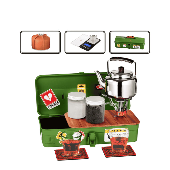 كامبينق فاميلي - صندوق عزبة الشاي المتكامل للرحلات اللون اخضر | Camping Family - Complete Tea Set Box for outdoor green