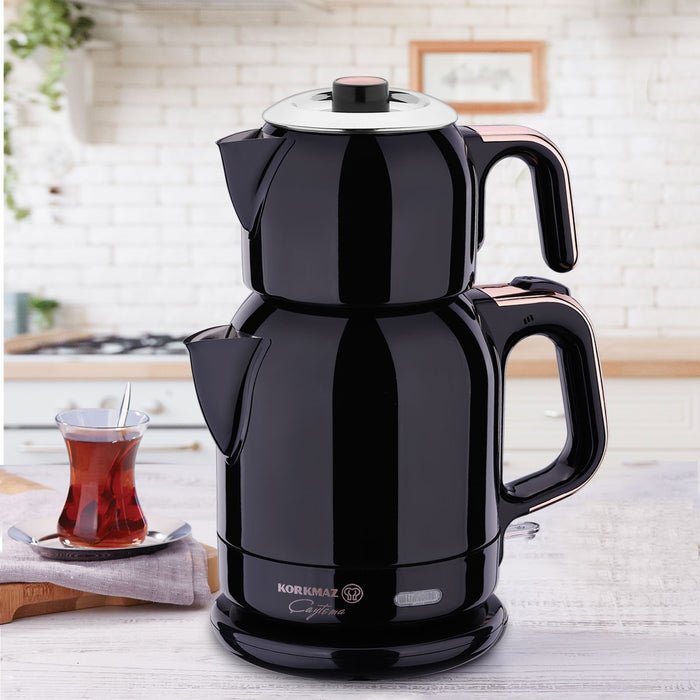 Korkmaz - Electrical Tea Kettle Teapot 0.9 Ltr Heater 1.7 Ltr 18/10 Stainless Steel 1600 Watts - Black