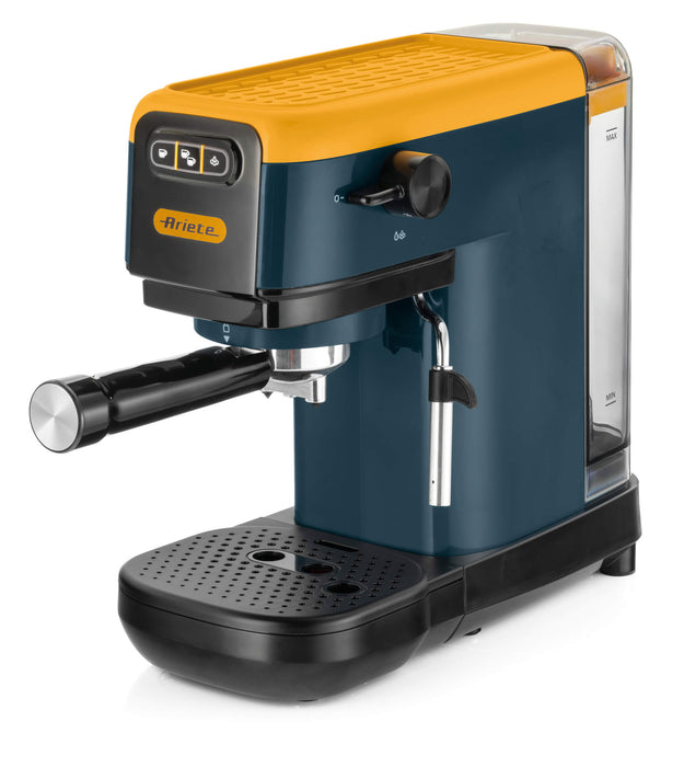Ariete Espresso Coffee Machine | 15 Bar Pressure | Slim 14 cm Design | For Ground Coffee & ESE Pods | Maxi Cappuccino Steam Wand | 1.1L Water Tank | Mango Yellow