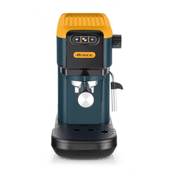 Ariete Espresso Coffee Machine | 15 Bar Pressure | Slim 14 cm Design | For Ground Coffee & ESE Pods | Maxi Cappuccino Steam Wand | 1.1L Water Tank | Mango Yellow
