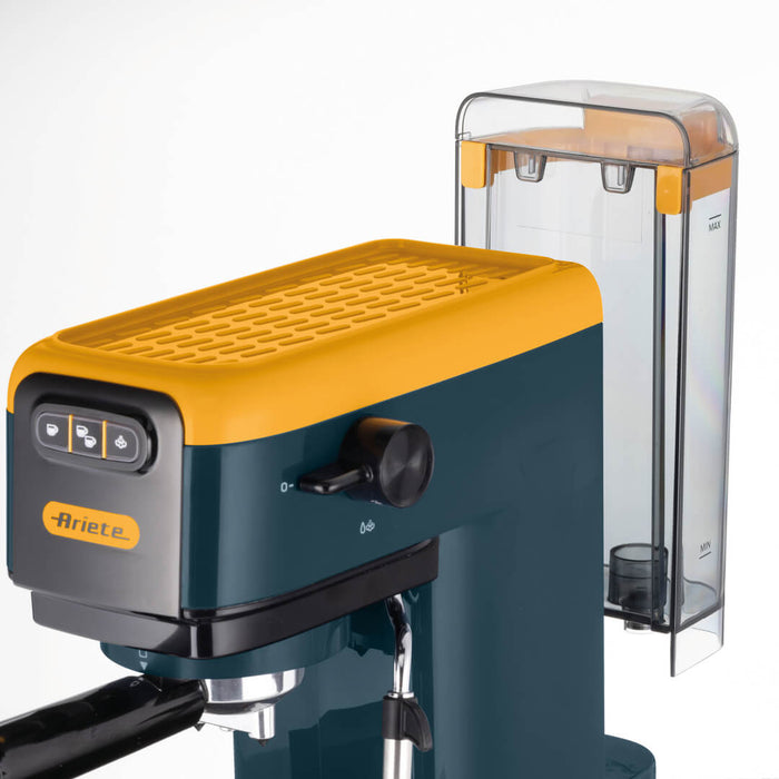 Ariete Espresso Coffee Machine | 15 Bar Pressure | Slim 14 cm Design | For Ground Coffee & ESE Pods | Maxi Cappuccino Steam Wand | 1.1L Water Tank | Mango Yellow