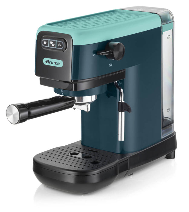 Ariete Espresso Coffee Machine | 15 Bar Pressure | Slim 14 cm Design | For Ground Coffee & ESE Pods | Maxi Cappuccino Steam Wand | 1.1L Water Tank | Light Aquamarine