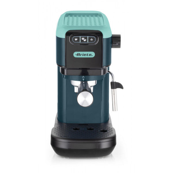 Ariete Espresso Coffee Machine | 15 Bar Pressure | Slim 14 cm Design | For Ground Coffee & ESE Pods | Maxi Cappuccino Steam Wand | 1.1L Water Tank | Light Aquamarine