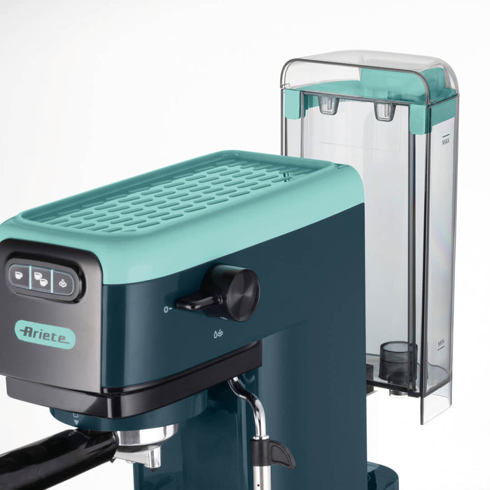 Ariete Espresso Coffee Machine | 15 Bar Pressure | Slim 14 cm Design | For Ground Coffee & ESE Pods | Maxi Cappuccino Steam Wand | 1.1L Water Tank | Light Aquamarine