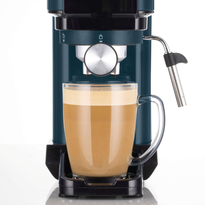 Ariete Espresso Coffee Machine | 15 Bar Pressure | Slim 14 cm Design | For Ground Coffee & ESE Pods | Maxi Cappuccino Steam Wand | 1.1L Water Tank | Light Aquamarine