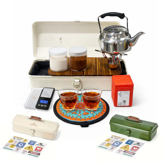 كامبينق فاميلي - صندوق عزبة الشاي المتكامل للرحلات اللون بيج | Camping Family - Complete Tea Set Box for outdoor Beige