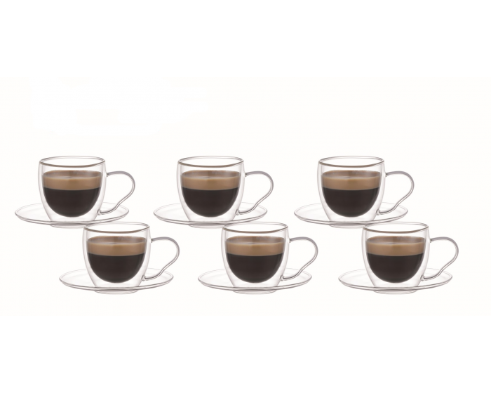 Aramoro - Coffee Borosilicate Double Wall glass cup + Saucer set | أرامورو - فناجيل زجاجية مزدوجة الجدار من البورسليكات + طقم أطباق