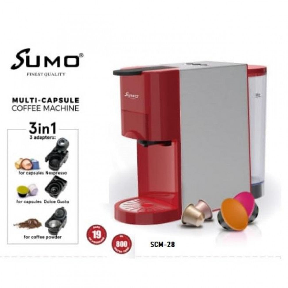 Sumo - 3 IN 1 Multi Capsule Coffee Machine SCM-28 - Red  | أحمر - SCM-28 سومو - مكينة صنع القهوة 3في1 متعددة الكبسولات