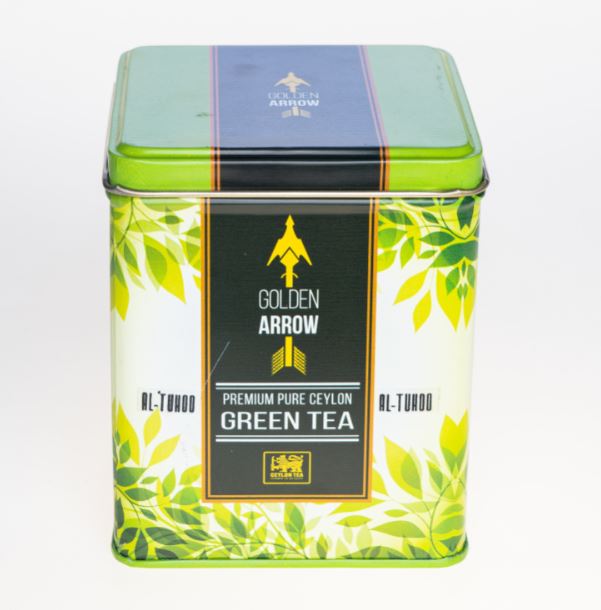 AL-Tuhoo - Golden Arrow Green Tea 250gm  |  شاي التحو السهم الذهبي اخضر سيلاني عبوة معدنية