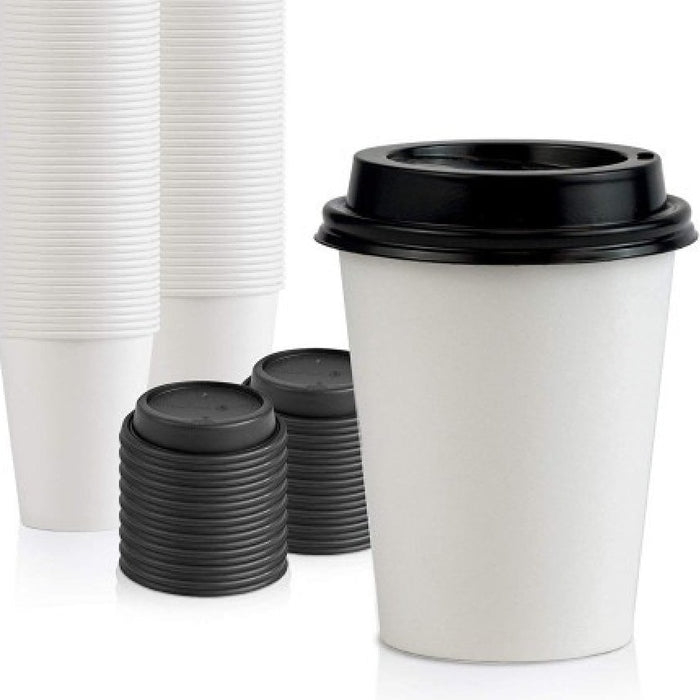 أكواب ورقية مع أغطية ( 250 مل ) - أبيض 50 حبة | Paper Cups with lid ( 250 ml ) - White 50 pcs