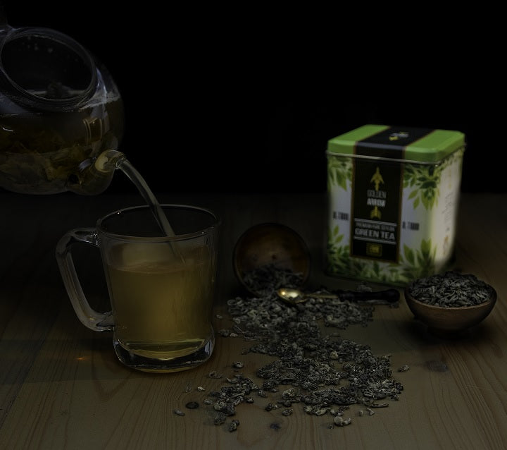 AL-Tuhoo - Golden Arrow Green Tea 250gm  |  شاي التحو السهم الذهبي اخضر سيلاني عبوة معدنية