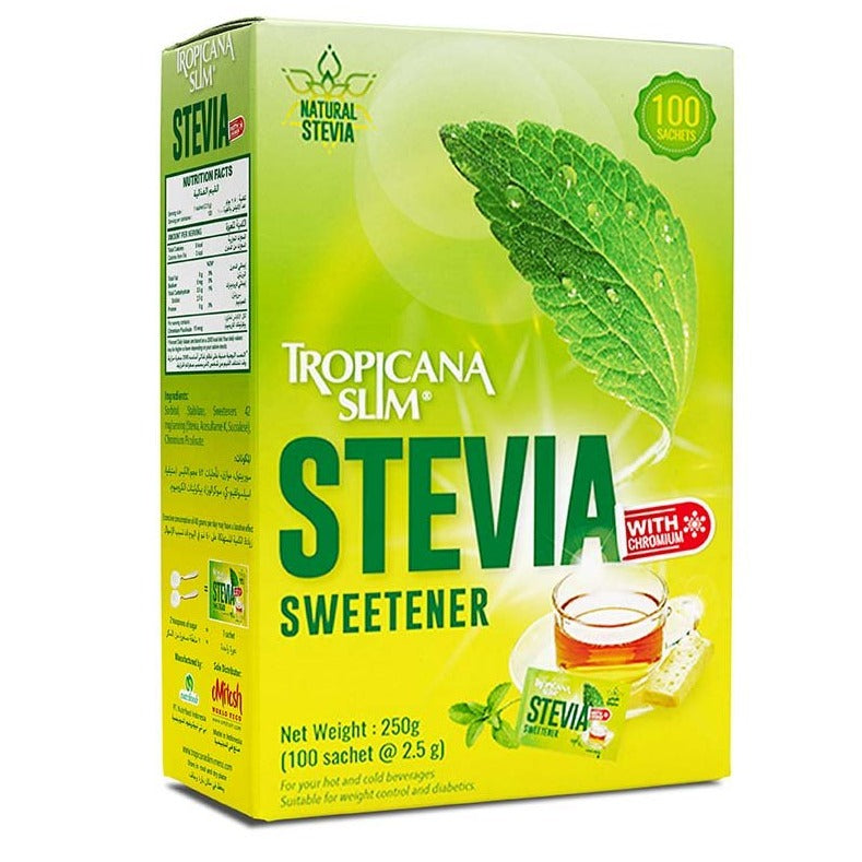 Tropicana slim sweetener Stevia with chromium - 100 sachets - 250gm | تروبيكانا سلم محلي ستيفيا مع الكروميوم  100 كيس - 250 جرام